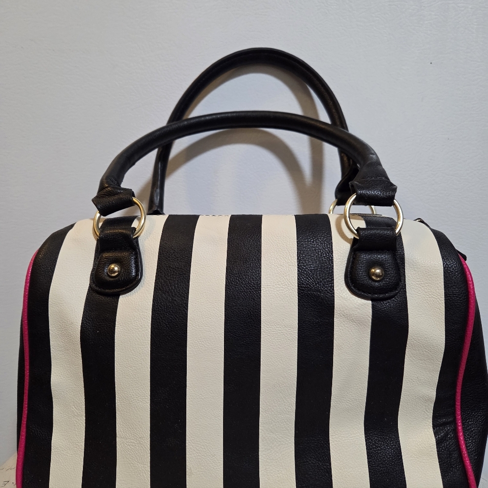 SOLD Betsey Johnson Black and White Striped Satchel w/Pink Accents - Picture 7 of 14
